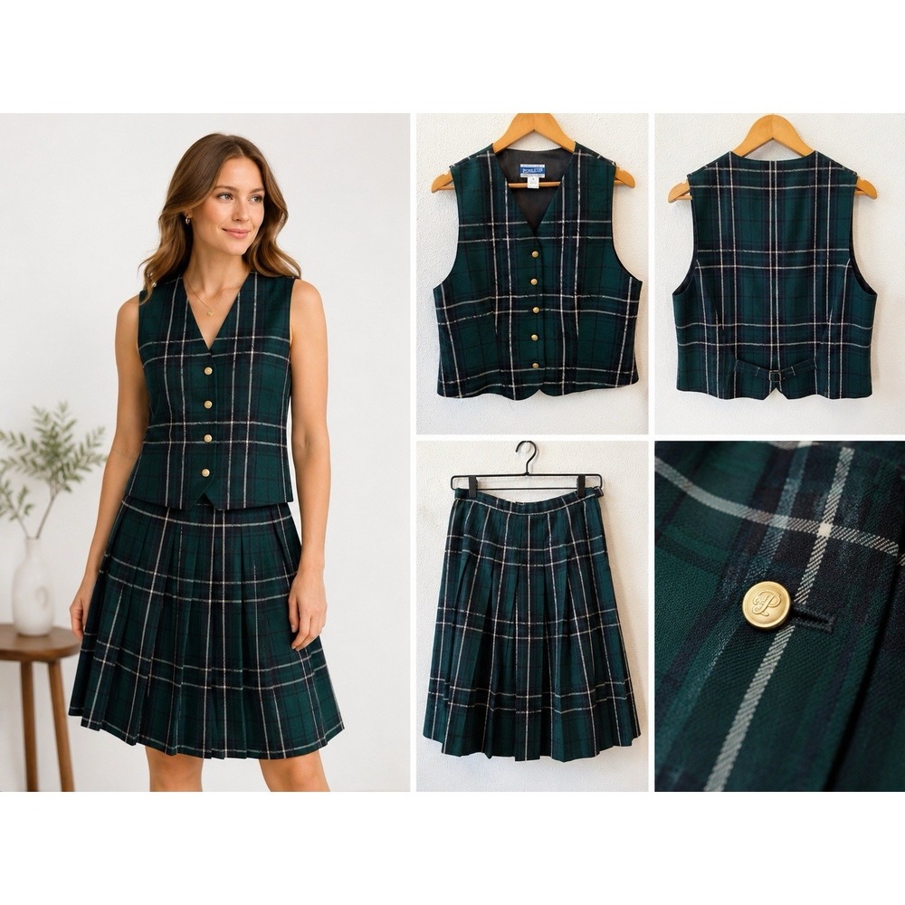 Vintage 80s Pendleton Wool Skirt Vest Set Plaid Green Preppy Academia Size 10 12